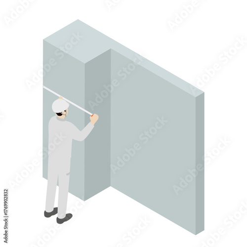 Construction worker measuring wall and pillar with tape measure isometric illustration