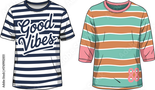 lookStriped t-shirts, casual fashion, colorful design, summer outfit, trendy apparel, youth style, graphic tee, vibrant stripes, modern clothing, playful look