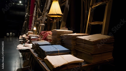 backstage. A table in the wings of a stage, stacked with bound scripts under dramatic lighting. event programs, museum guides, designed for cultural heritage projects and event programs.