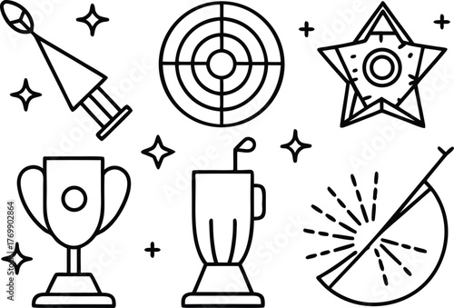 Achievement and sport icons vector set: target, trophy, star, golf