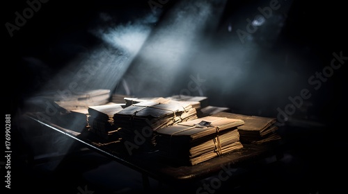backstage. A table in the wings of a stage, stacked with bound scripts under dramatic lighting. event programs, museum guides, designed for cultural heritage projects and event programs.