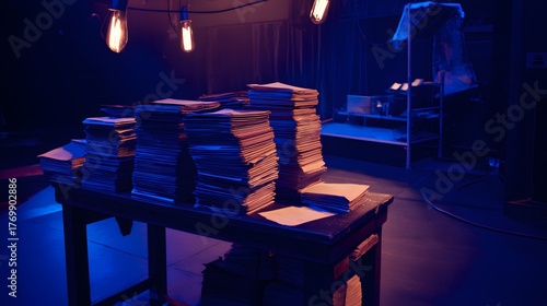backstage. A table in the wings of a stage, stacked with bound scripts under dramatic lighting. event programs, museum guides, designed for cultural heritage projects and event programs.