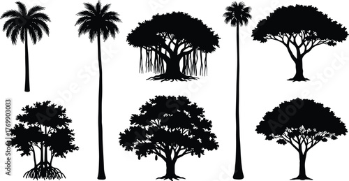 Tree silhouettes, tropical forest, botanical shapes, nature illustration, diverse foliage, landscape design, ecology concept, jungle roots, exotic canopy, vector art