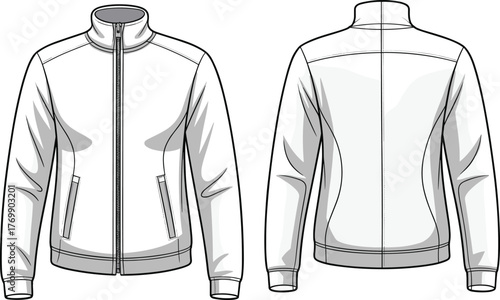 Technical fashion sketch, front and back jacket view, zipper pockets, high collar, garment design, apparel template, clothing illustration, outerwear