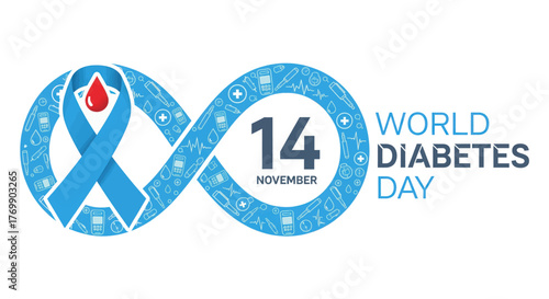 World diabetes day awareness symbol infinity ribbon blue blood drop 14 november healthcare medical health vector
