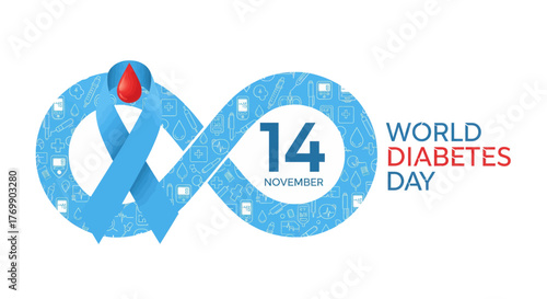 World diabetes day awareness ribbon infinity symbol blue and red globe icon 14th november celebration medical health vector
