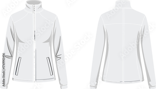 Technical fashion sketch, jacket front and back view, garment design, zipper pockets, high collar, seam detail, apparel template, CAD drawing