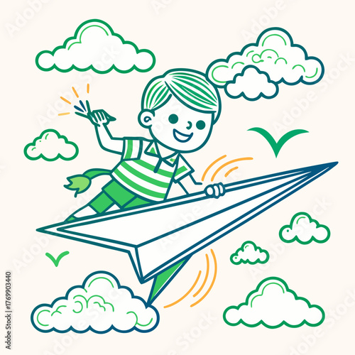 A boy is flying on a paper airplane with clouds