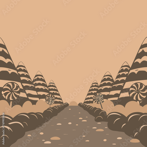 Monochrome candy land with lollipop trees and a rocky road illustration