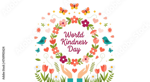 Celebrate world kindness day with a beautiful floral wreath and charming birds spreading joy and compassion perfect for heartwarming designs. vector