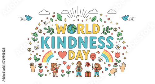Celebrate world kindness day with a vibrant hand-drawn poster featuring rainbows hearts and diverse people spreading joy and love globally vector