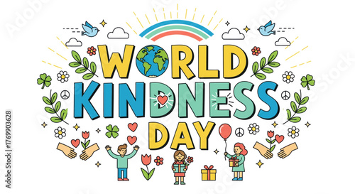 Expressing global compassion celebrating world kindness day with joyful typography and whimsical illustrations promoting empathy and understanding vector
