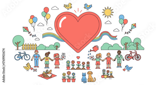Diverse group of people holding hands around a large red heart symbol promoting unity community love and global friendship with nature elements vector