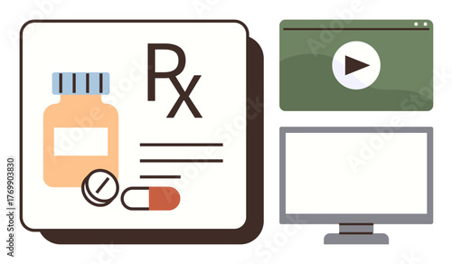 Medicine bottle, capsules, pill, prescription label alongside video player and computer monitor. Ideal for health education, e-learning, online courses, pharmacy services, medical training digital