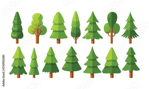 Flat design illustration of stylized cartoon evergreen trees in varying green hues with brown trunks on a clean white background