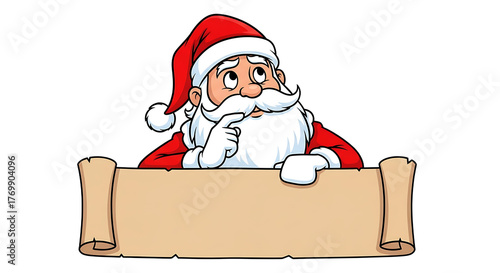 Cartoon Santa Claus with White Beard Holding Blank Scroll Looking Upward.