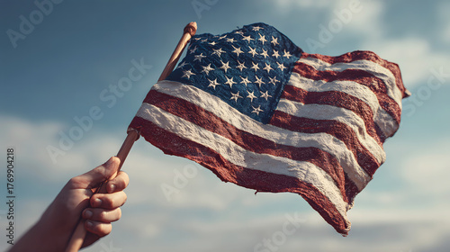 Hands Holding Waving American Flag in the Cloudy Clear Sky, The image conveys a sense of patriotism, pride, and freedom, making it suitable for U.S. national holidays.