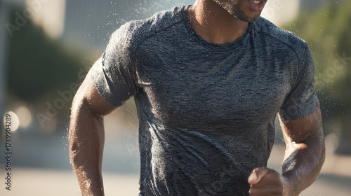 Close-Up of a Man Jogging Outdoors with his T-shirt wet from sweat. Droplets of sweat and sunlight emphasize the intensity and energy of the workout.