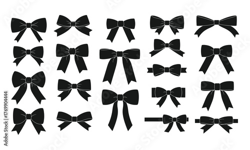 Minimalist black silhouette illustration of diverse bow shapes in various sizes and styles arranged in a clean grid on white background