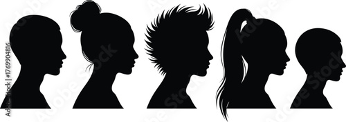 Vector illustration of female head silhouettes with different hairstyles, woman profile collection, modern hairstyle variety, beauty and fashion concept design