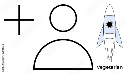Human profile next to a plus sign and a rocket labeled Vegetarian. Ideal for innovation, progress, profiles, health, minimalism, creativity, futuristic concepts. Simple flat metaphor