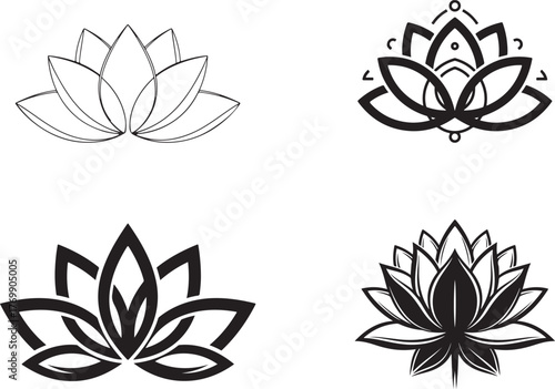 Four Diverse Lotus Flower Illustrations Outline and Solid Vector Art