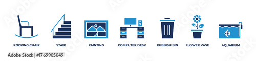 Living Space with Style & Function Icons set vector illustration blue with Rocking chair, Stair, Painting, Computer desk, Rubbish bin, Flower vase, Aquarium