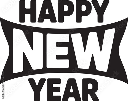 Bold black and white happy new year text design for festive celebrations and greetings isolated on transparent background
