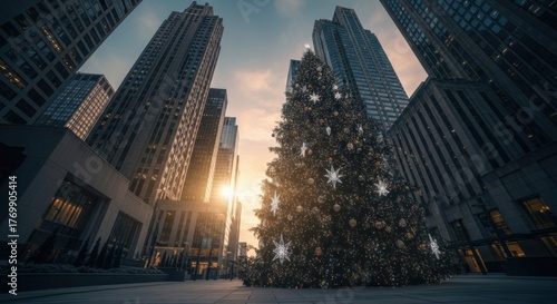 Large Christmas Tree Decorated with Lights and Ornaments in Downtown City Square at Sunset