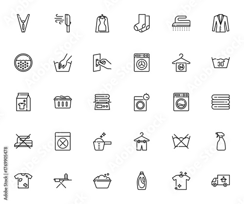 Laundry and dry cleaning icon set. Minimal vector icns pack. Includes symbols or washing machine, iron, etergent, clothes, deliver and more. Editable stroke