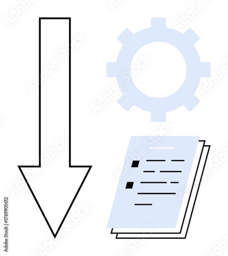 Downward arrow with cogwheel and document stack representing workflow, task automation, or process optimization. Ideal for productivity, strategy, progress, management, software, organization simple