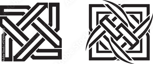 Abstract Geometric Knotwork Designs with Intertwined Lines and Organic Elements