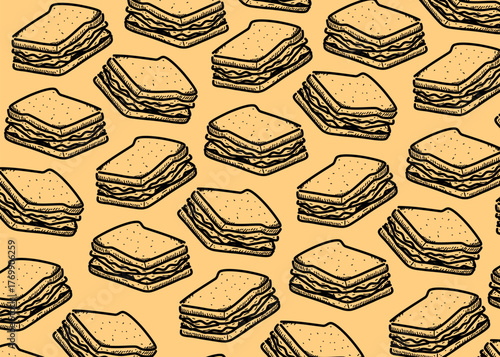 Seamless pattern of hand drawn sandwiches in doodle style. Cream background with sketch bread and layers of fillings. Perfect for cafe branding, packaging design, and restaurant