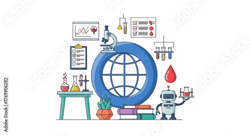 Global technology and innovation concept with globe robot and science lab elements vector