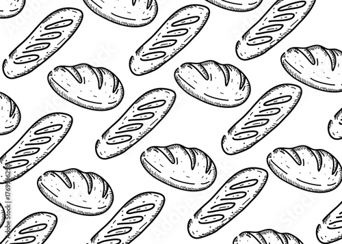Seamless pattern of hand drawn bread and baguette in doodle style. Black line illustration on white background, perfect for bakery branding, packaging, wrapping paper, and cafe decoration