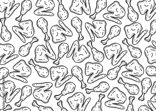 Seamless pattern of hand drawn fried chicken drumsticks and wings in doodle style. Black and white food background with sketch texture. Perfect for restaurant design, food packaging