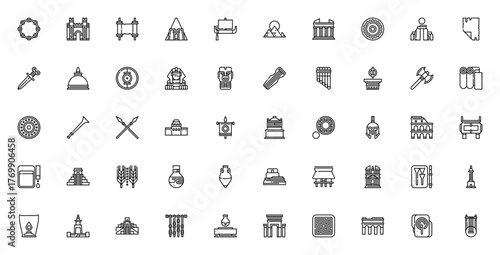 Ancient Civilization icon set. Vector illustration pck. Includes symbols for pramid, sphinx, colosseum, tonehenge, spear, shield, ilk, aqueduct and more. Edtable stroke.