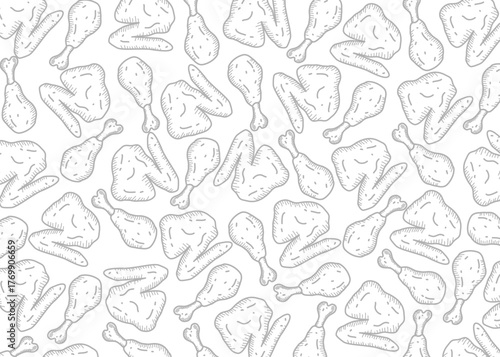 Seamless pattern of hand drawn fried chicken drumsticks and wings in doodle style. Grey and white food background with sketch texture. Perfect for restaurant design, food packaging
