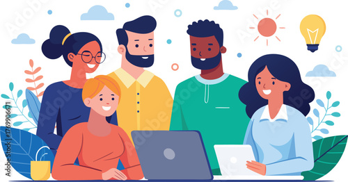 diverse office team sharing ideas around laptop.