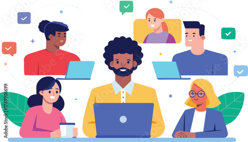 diverse team members exchanging ideas through online.