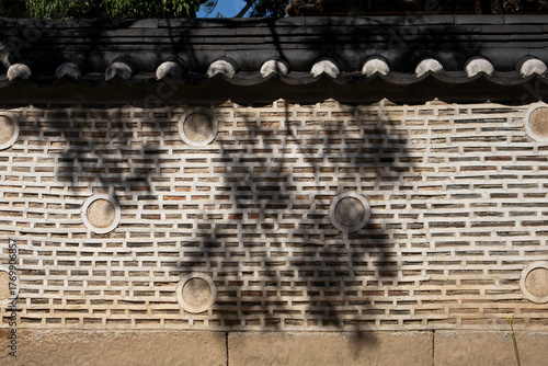 A tree shadow was cast on the wall of the Hanok.한옥의 담장에 나무그림자가 드리웠습니다.
