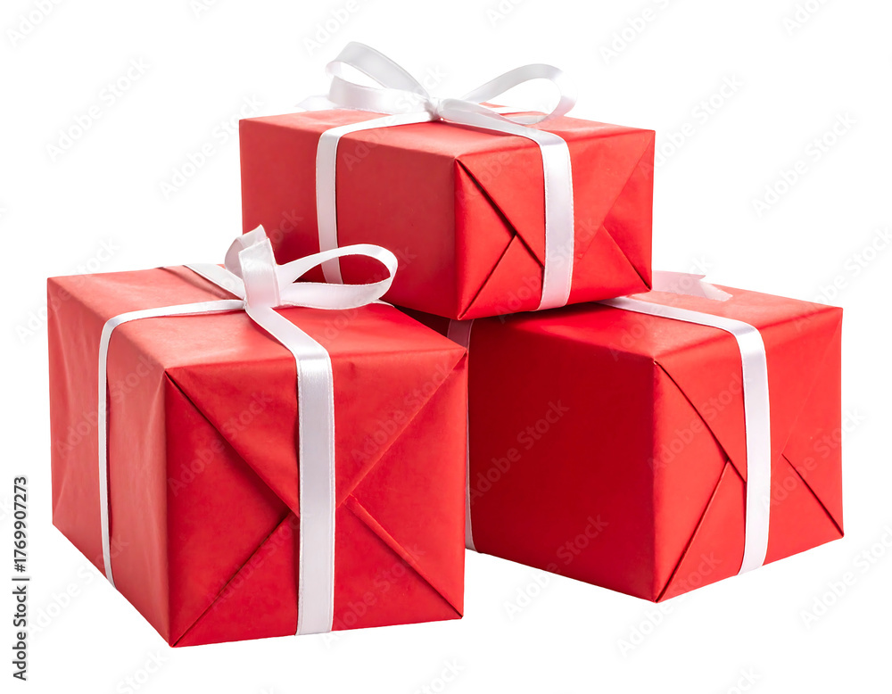 Obraz premium Three red presents stacked, wrapped and tied with white satin ribbon, set against a transparent background