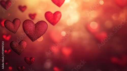 3D Digital Art: Red Glitter Hearts Floating, Warm Gradient Bokeh, Cinematic Valentine's Scene