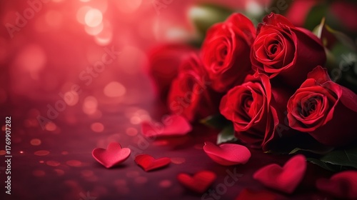 Luxurious Rose Bouquet Still Life: Velvet Red, Felt Hearts, Soft Bokeh, Cinematic Valentine's