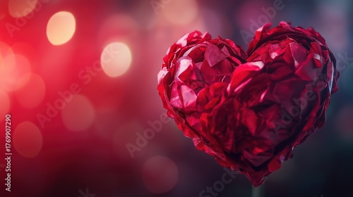 Ultra-Realistic Petal Heart: Crimson Rose Texture, Golden Bokeh, Cinematic Valentine's Scene