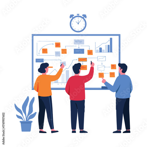 Team collaborating on a project plan using a whiteboard with sticky notes and charts.