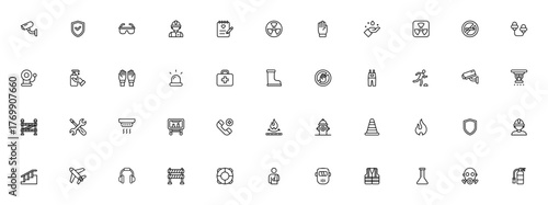 Job Safety icon set. Vector safety symbols collectio. Includes worker, radiatin, fire, gloves, helmet, frst aid, mask, protection nd more. Editable stroke.