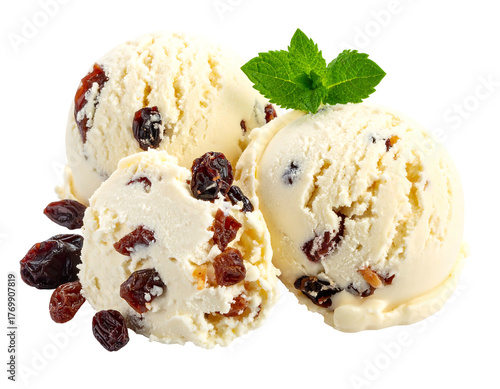 Three scoops of light-colored ice cream with raisins and mint on a transparent background