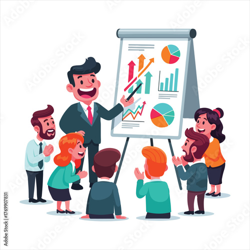 Enthusiastic businessman presenting financial charts and graphs to attentive team members in a meeting.