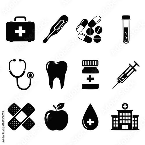 Healthcare and medical icon set. Set created for mobile, web and applications, black and white vector icons. Transparent PNG version.